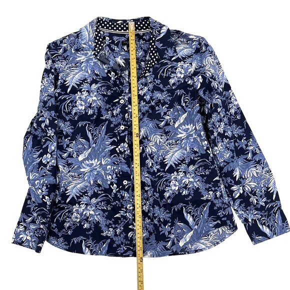 Talbots Womens Sm Petite Floral Button-Up Shirt Contrast Collar Navy Periwinkle - Picture 9 of 12